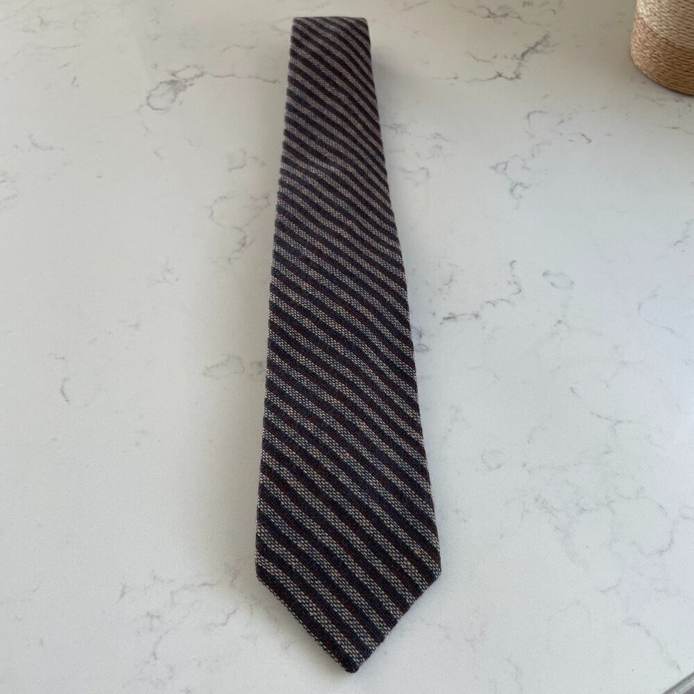 Harry Rosen Woven Textured Striped Wool Silk Blend Tie Tan Burgundy Blue Sz OS